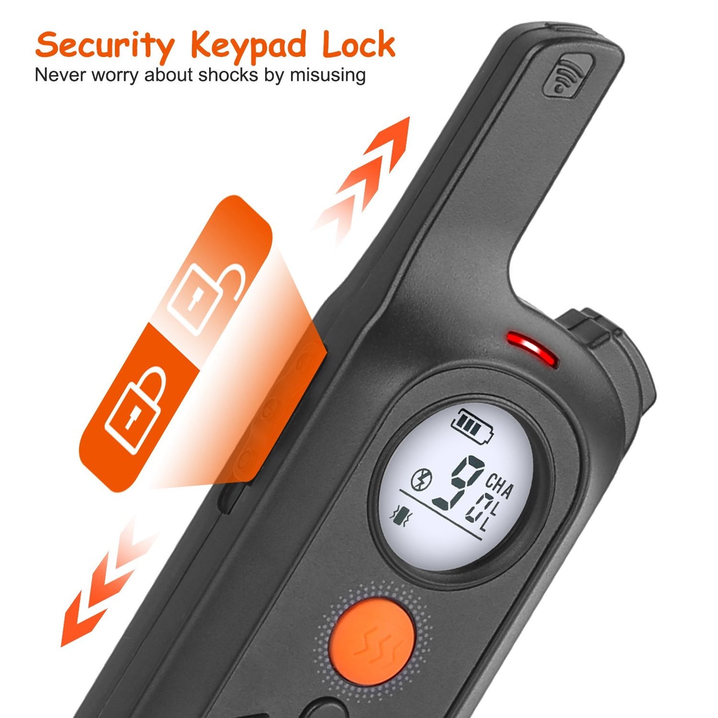 Remote transmitter close-up showing LCD screen, orange function button and security keypad lock feature.