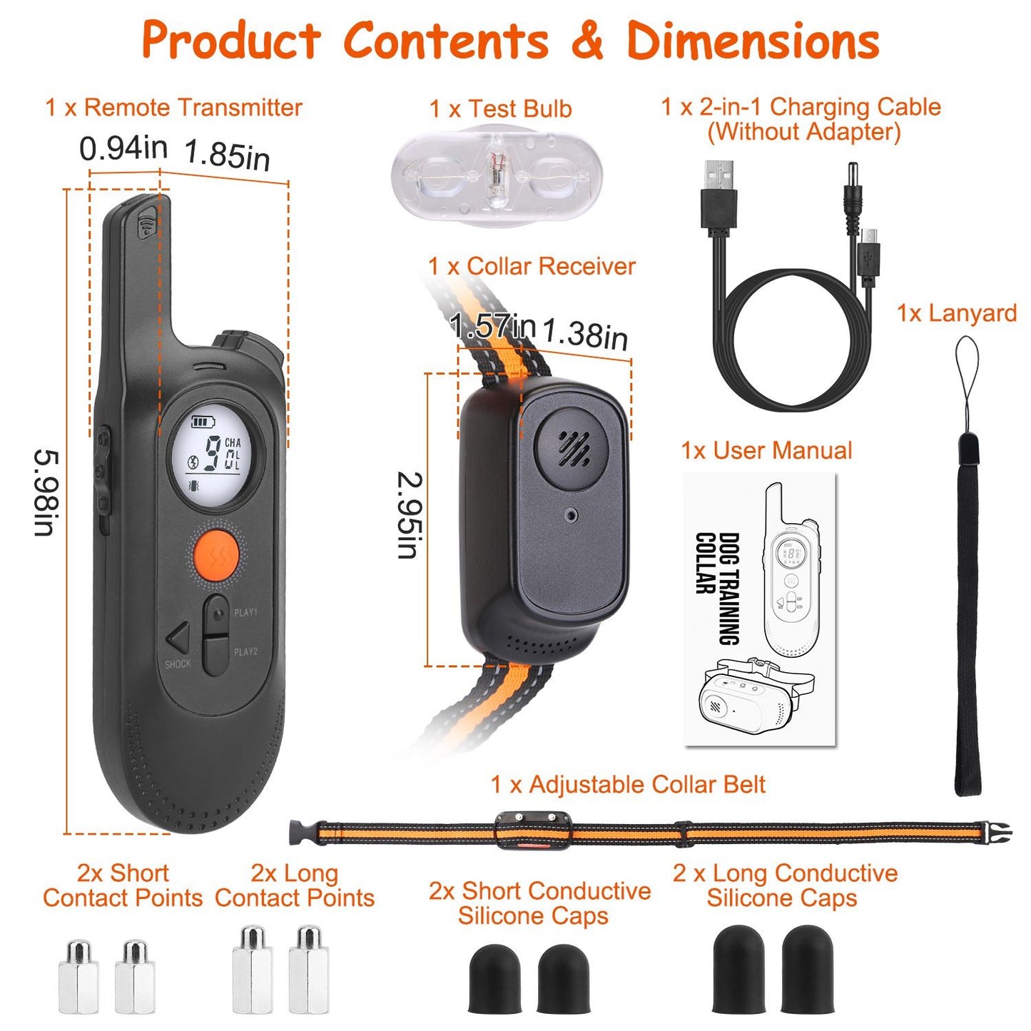 Flat lay of transmitter, receiver, adjustable collar, charging cable, test bulb, contact points, silicone caps and user manua