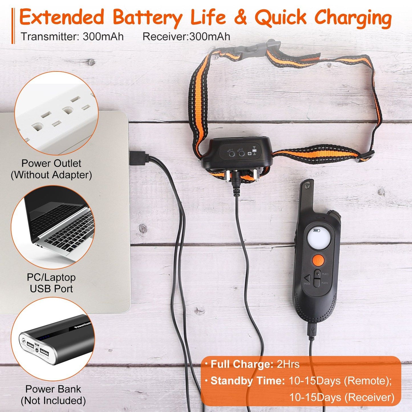Transmitter and receiver charging via 2-in-1 USB cable from laptop and power bank, showing full charge and standby info.