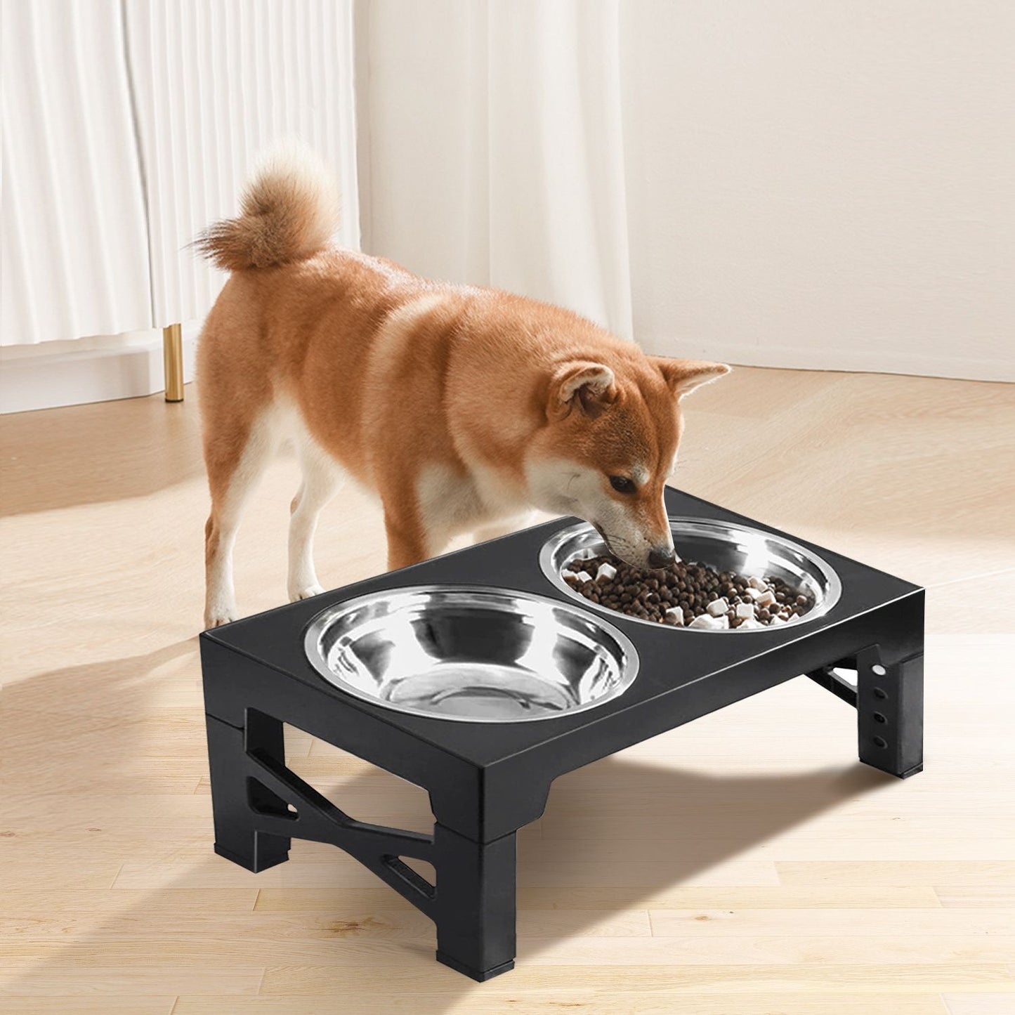 Brown dog using low-height elevated feeder on wood floor with kibble in one bowl
