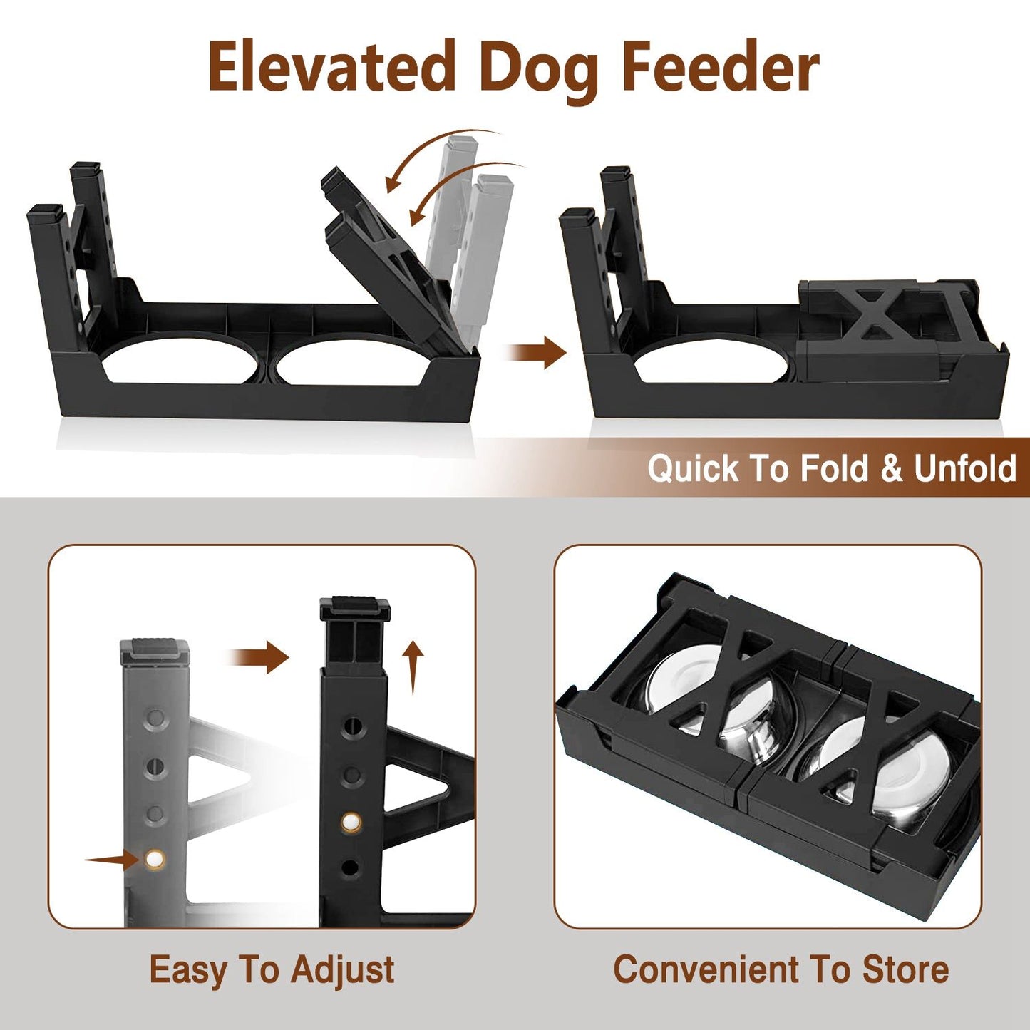 Foldable elevated dog feeder showing legs folding under platform and adjustable locking holes