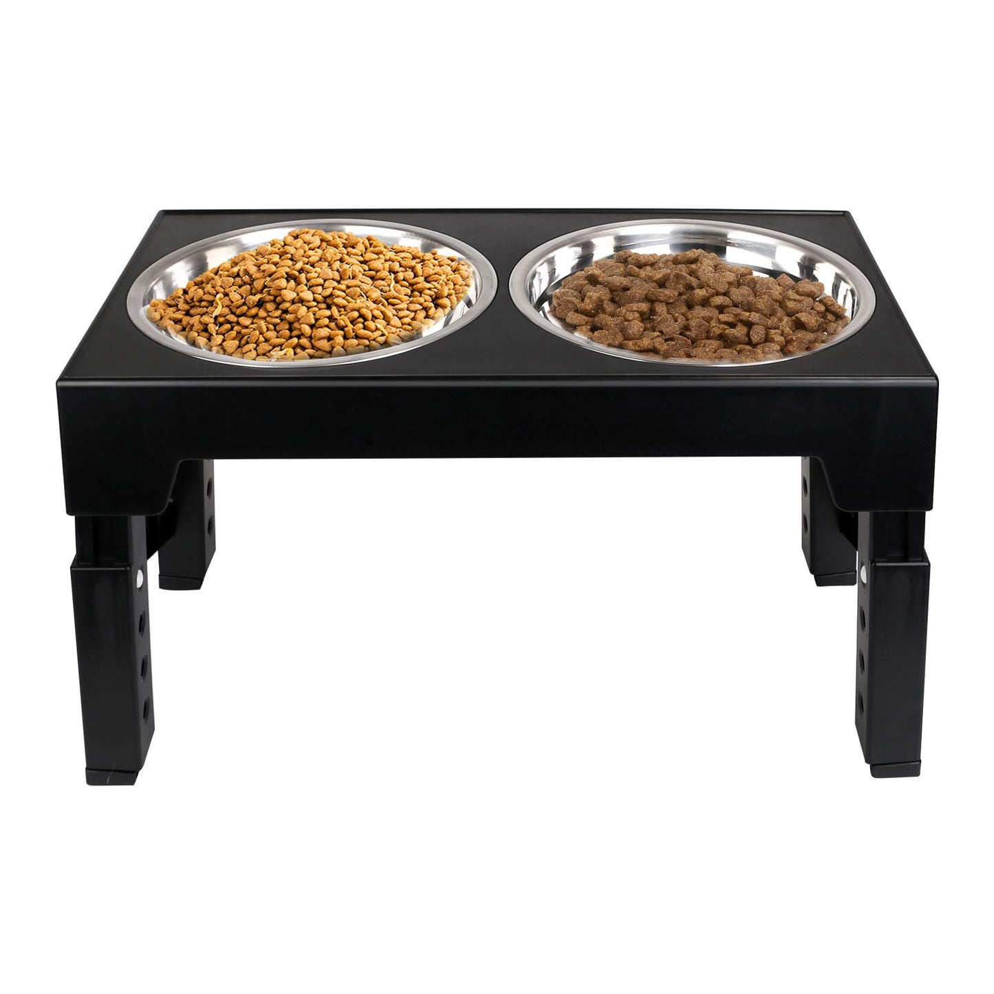 Front view of elevated dog feeder with two stainless bowls and adjustable leg holes
