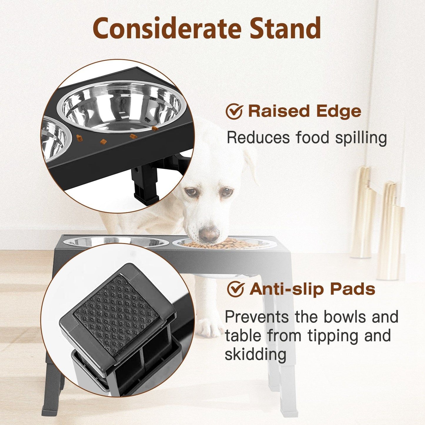 Raised-edge feeding platform with anti-slip rubber pads to reduce spills and movement