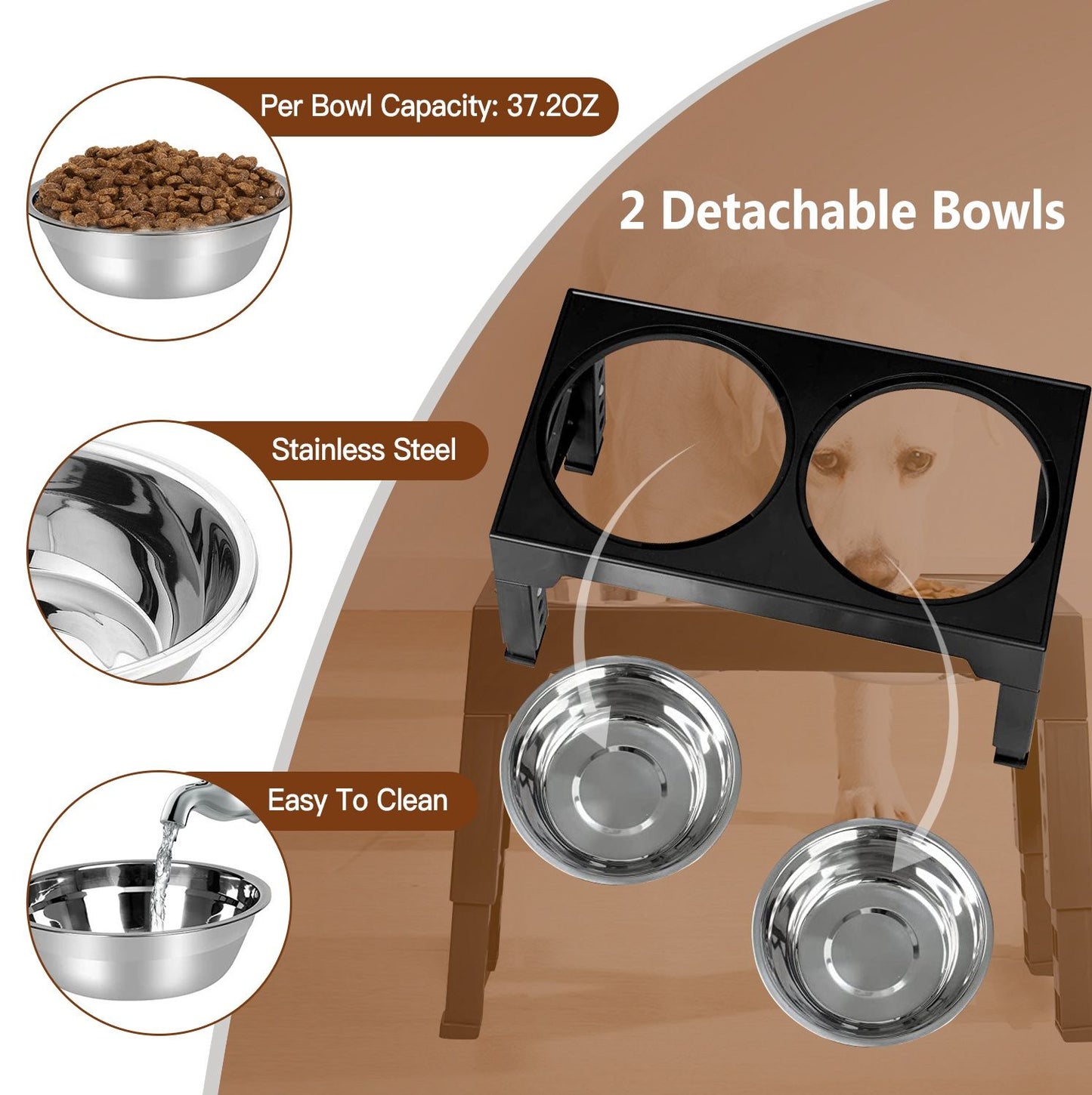 Two removable stainless steel bowls beside the black elevated feeding platform