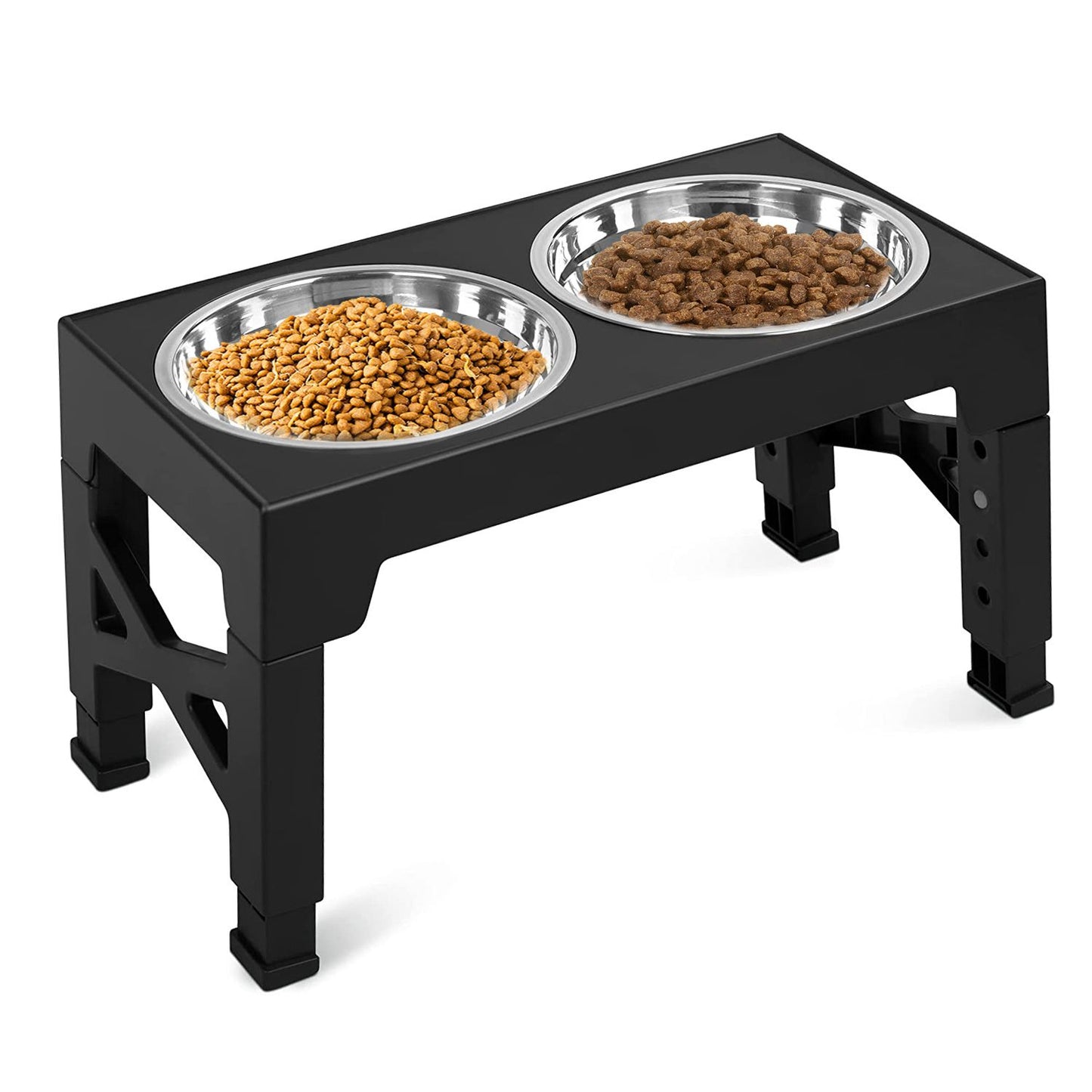 Studio image of black elevated double-bowl feeder with stainless bowls filled with kibble