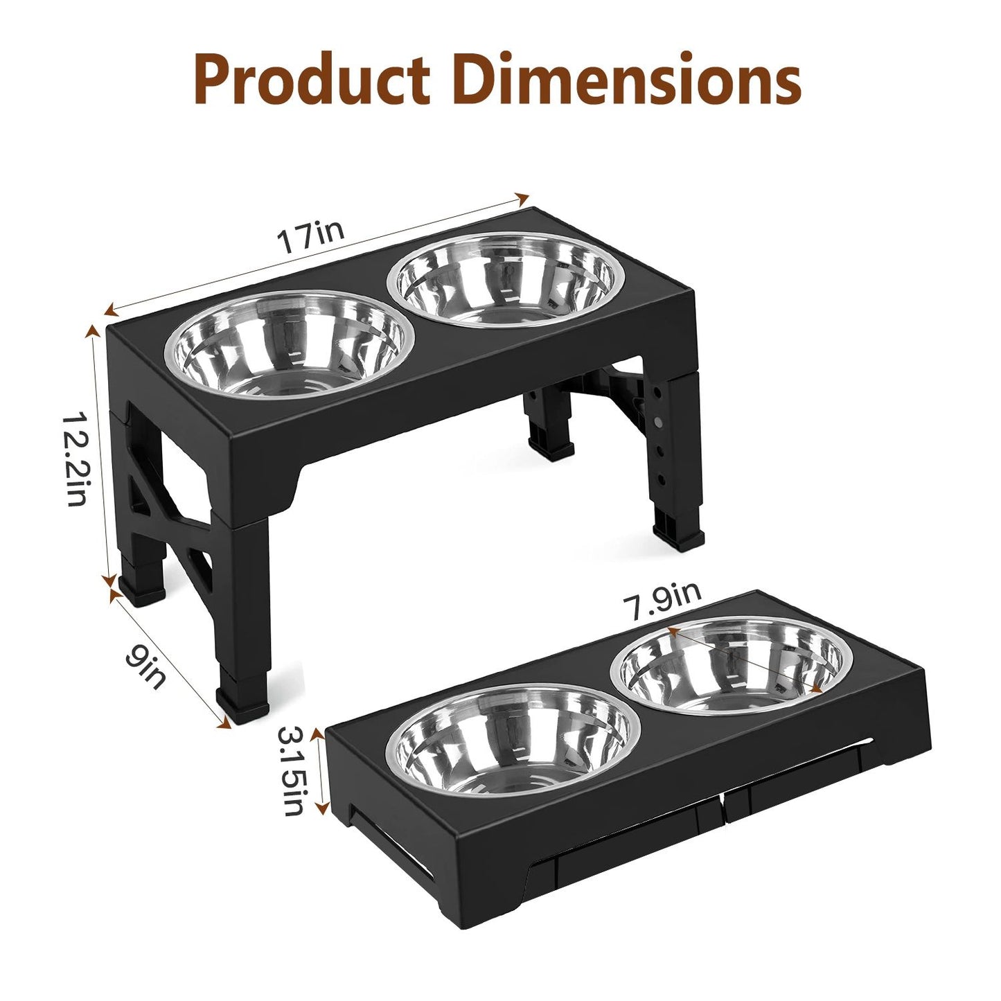 Dimensions diagram for elevated double-bowl feeder showing 17 x 9 in footprint and adjustable heights