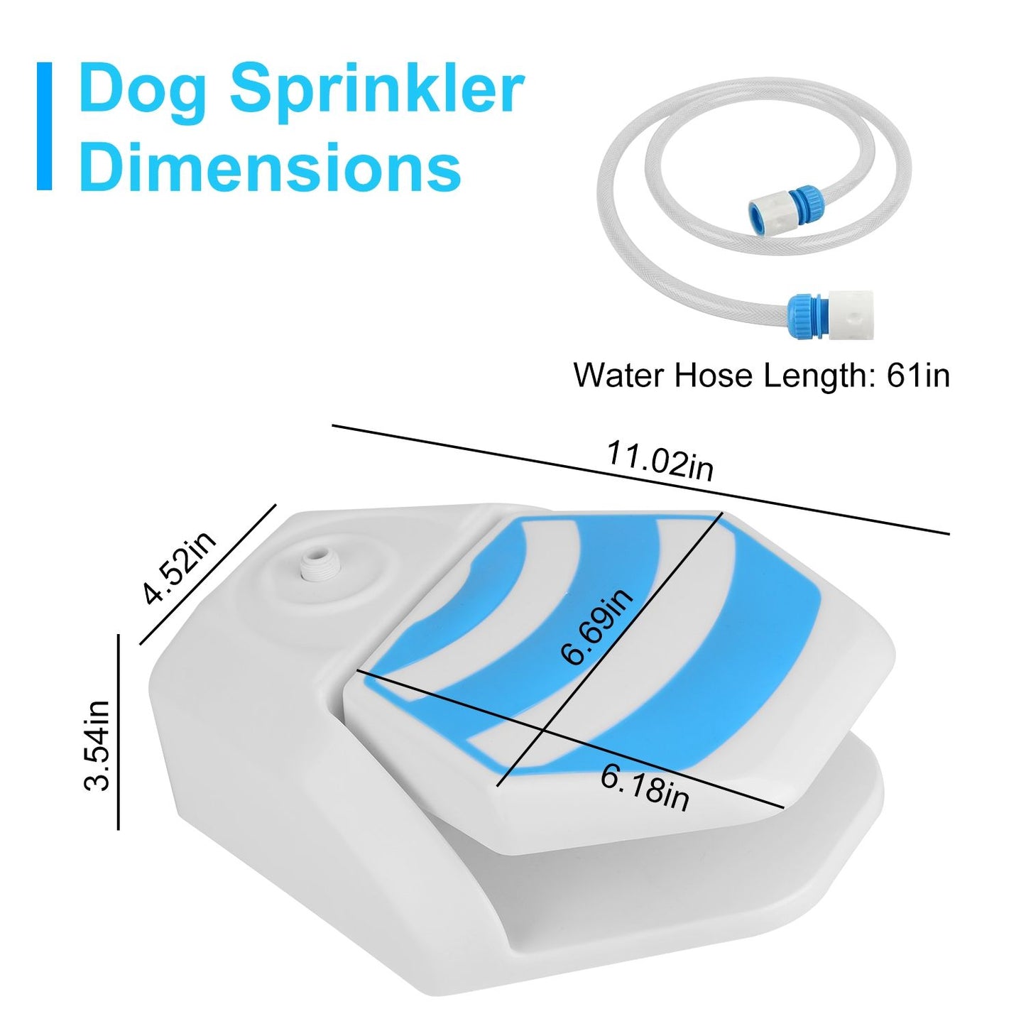 Dimensioned diagram of white step‑on dog sprinkler with measurements and 61‑inch hose inset