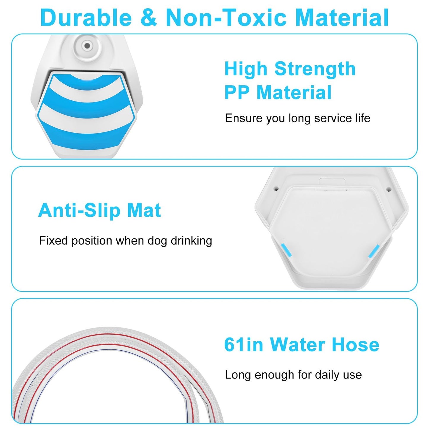 Durable white PP dog sprinkler showing anti‑slip mat and 61‑inch water hose components