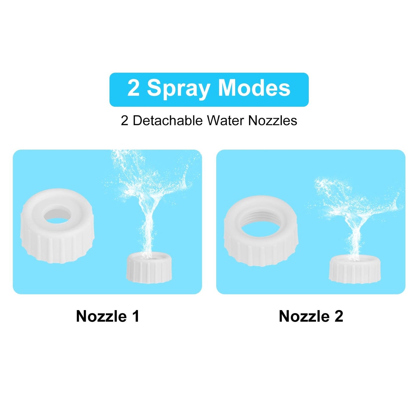 Two interchangeable white nozzles with high and low spray patterns for the dog sprinkler