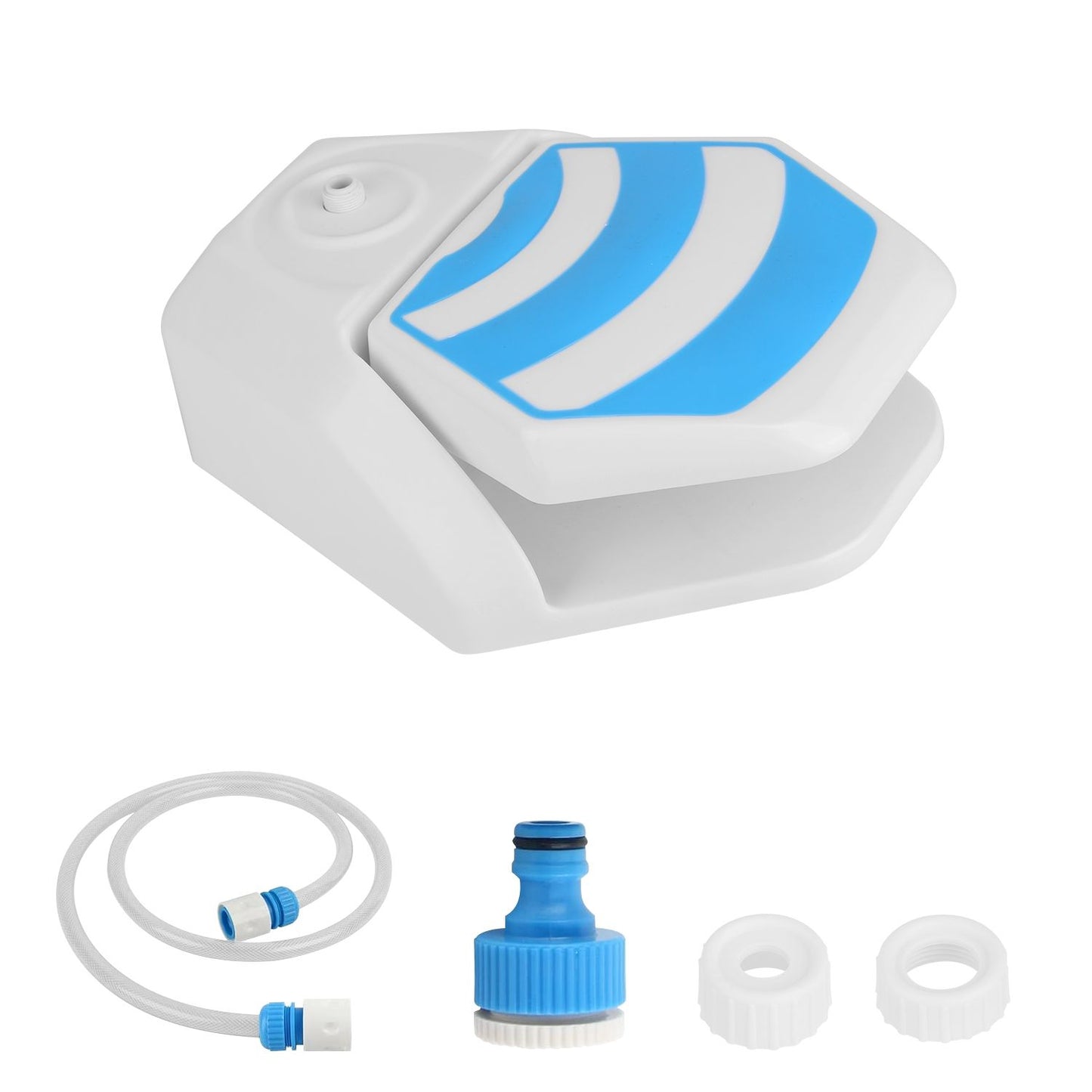 White step‑on sprinkler with blue grip pad alongside hose, faucet adapter and two spare nozzle caps