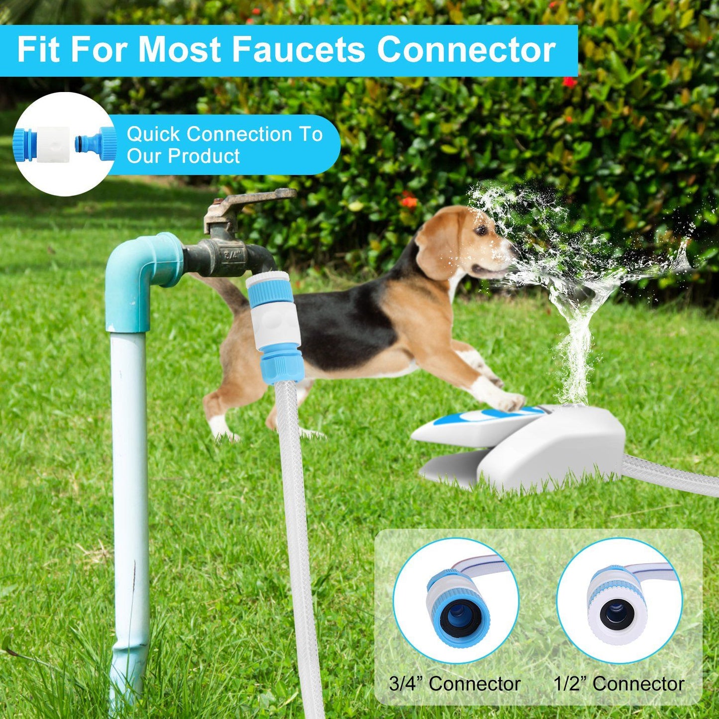 Dog sprinkler connected to outdoor faucet with hose and adapters while dog interacts with spray