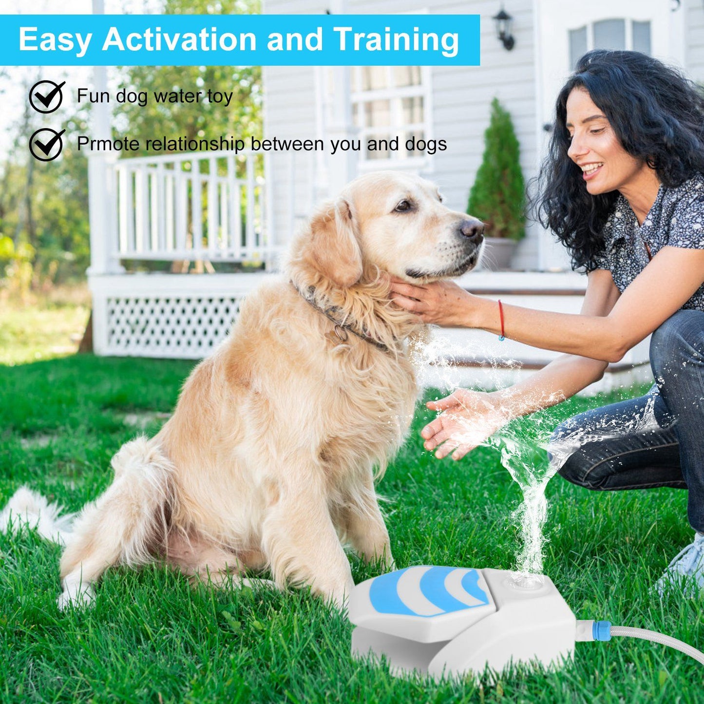 Dog stepping on outdoor sprinkler pad to trigger water stream during training on grass