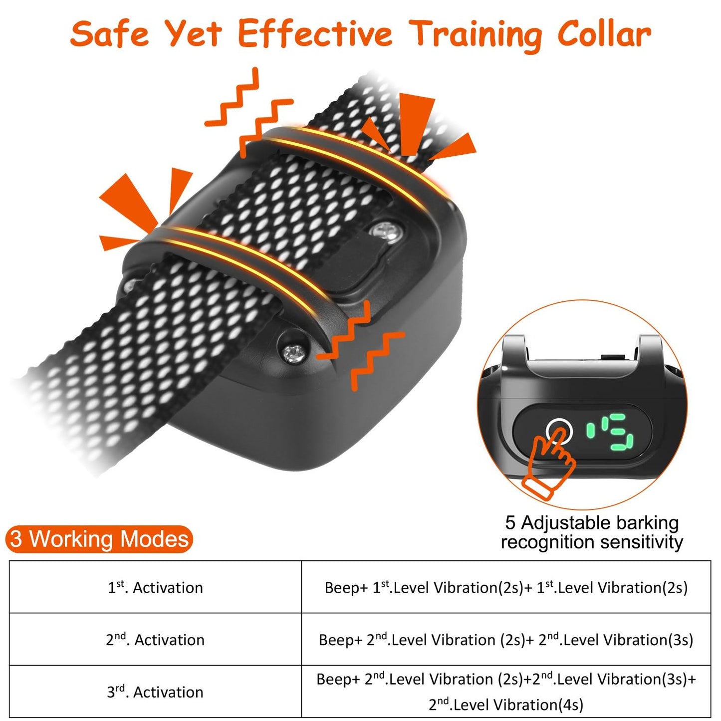 Collar module on strap showing vibration graphics and mode table