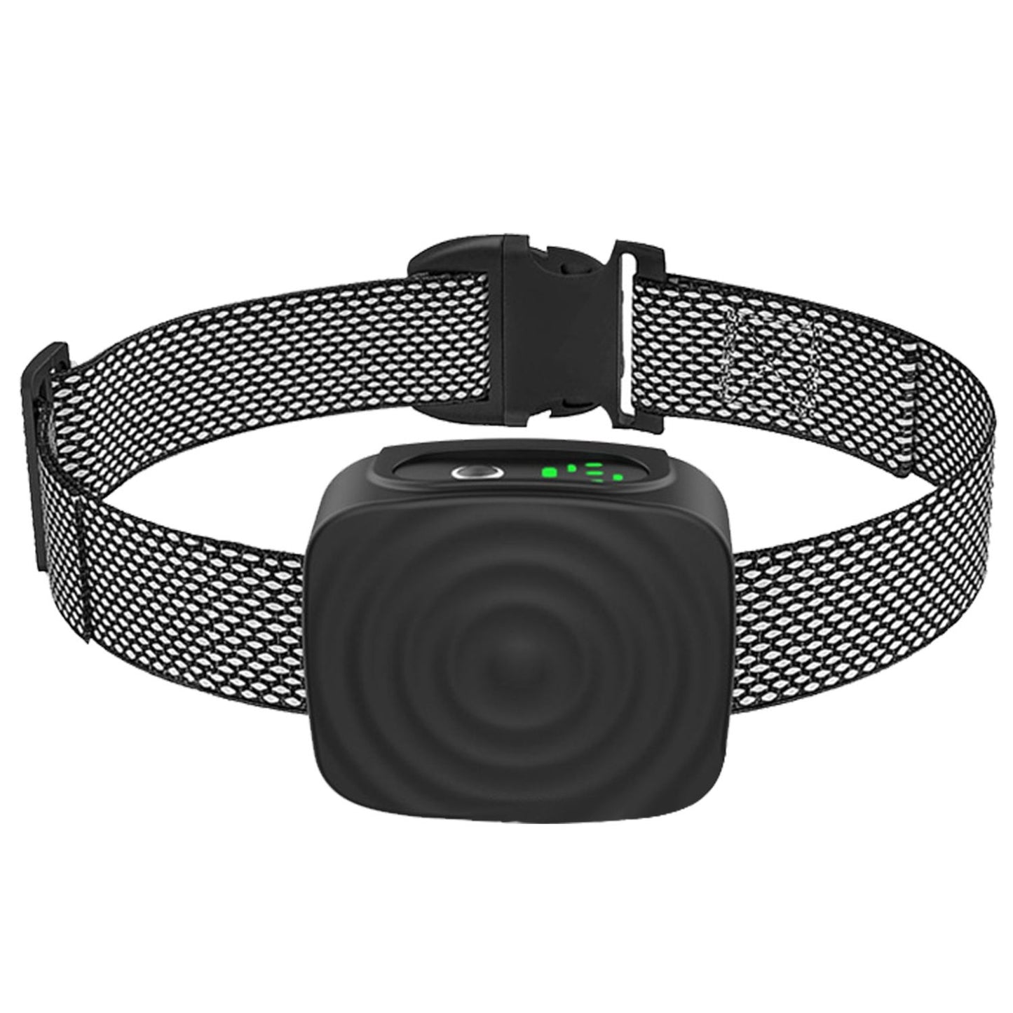 Front view of anti-bark collar device on mesh strap showing rings and LED display