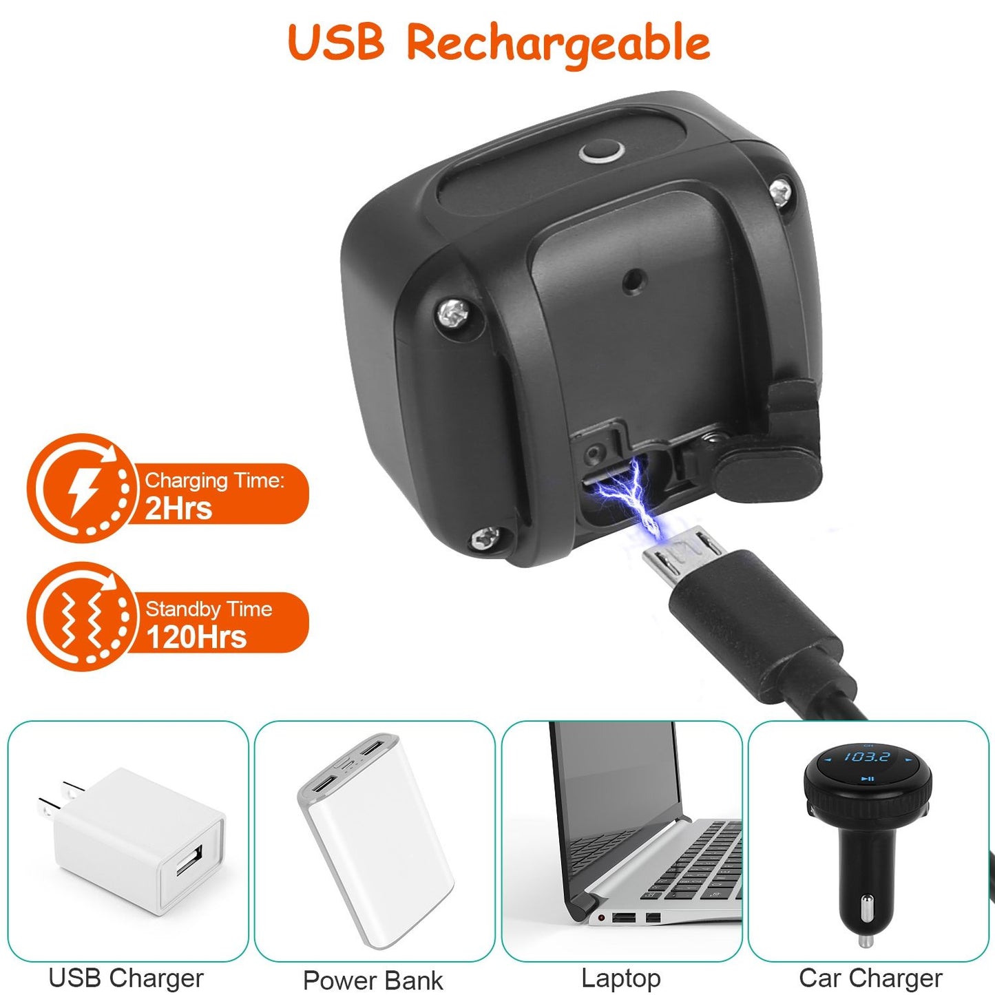 Collar charging port with USB cable and icons for 2hr charge and 120hr standby