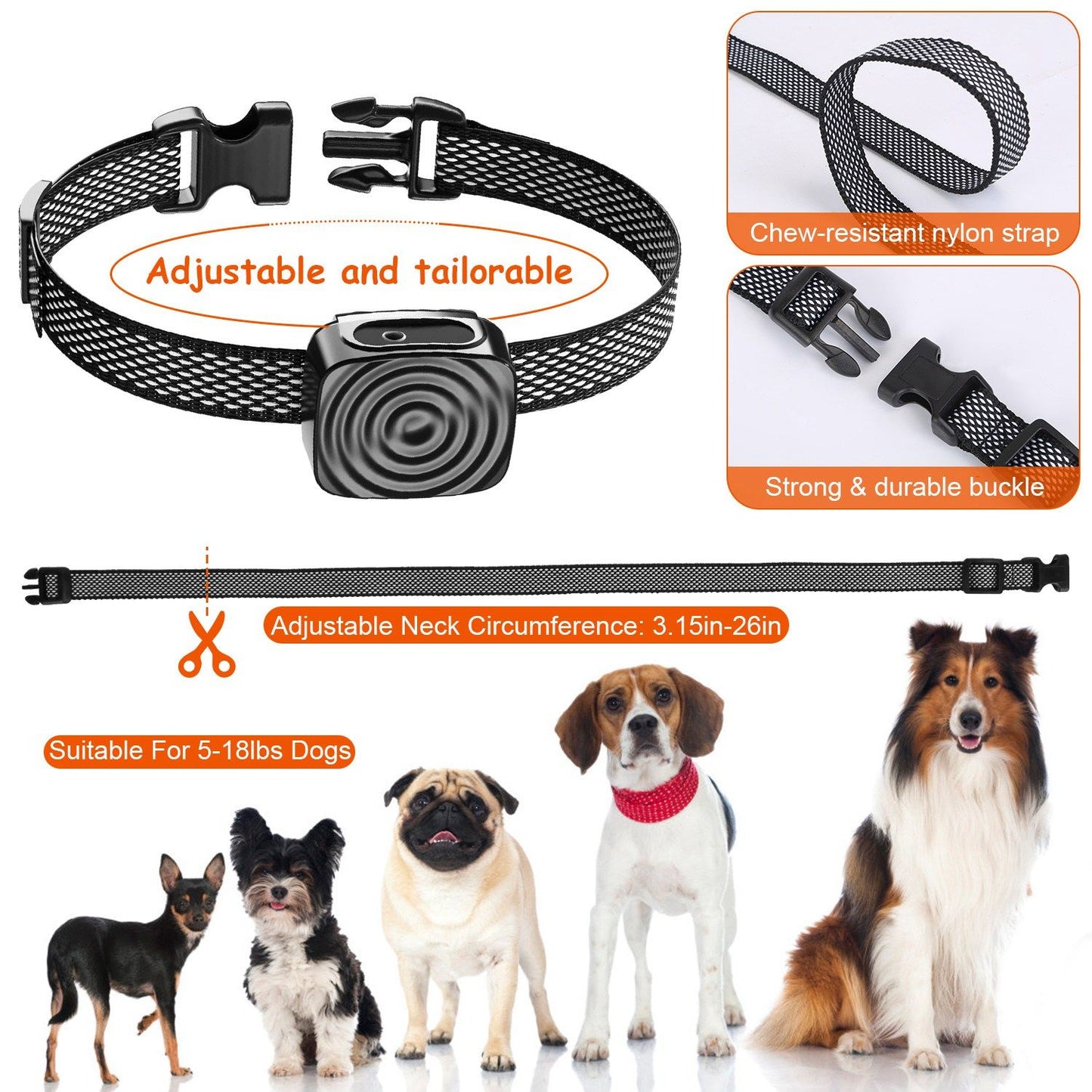 Adjustable mesh nylon strap and collar module with size range 3.15–26 in