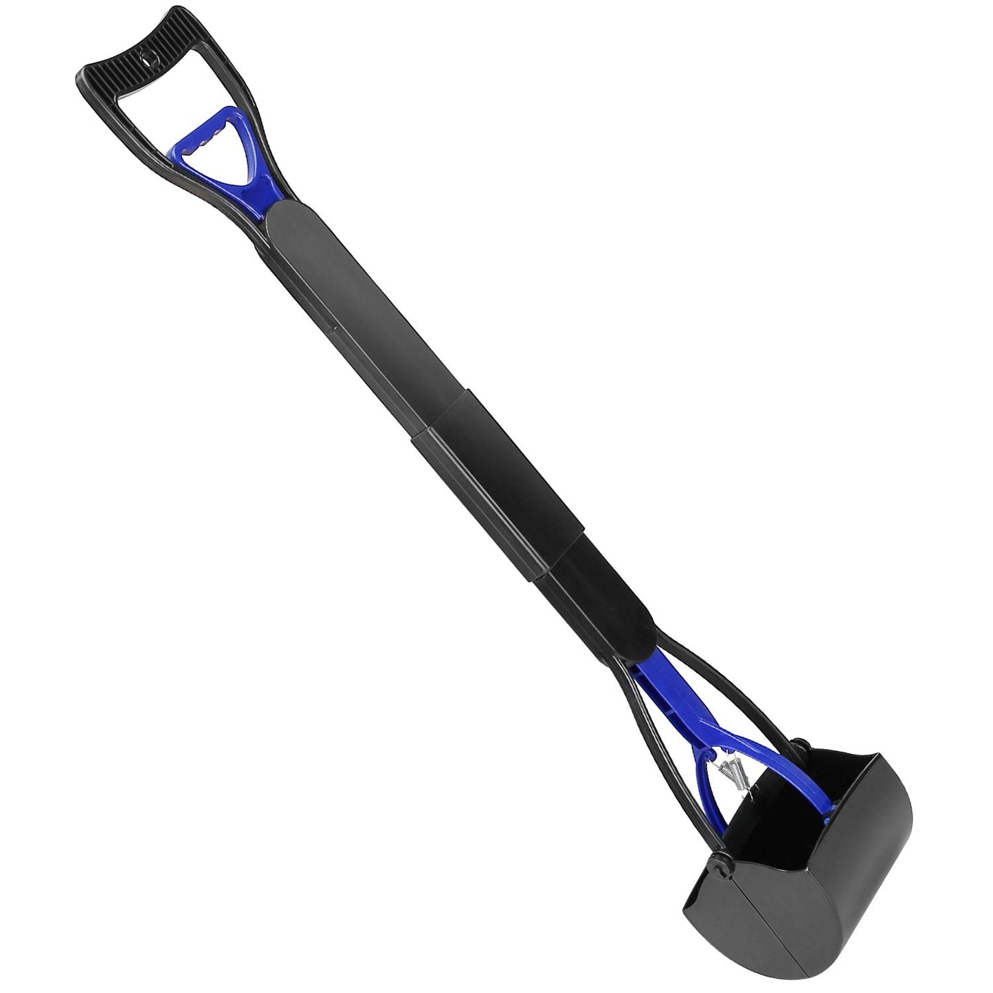 Pooper scooper with blue internal lever visible showing reinforced grab mechanism and support arms