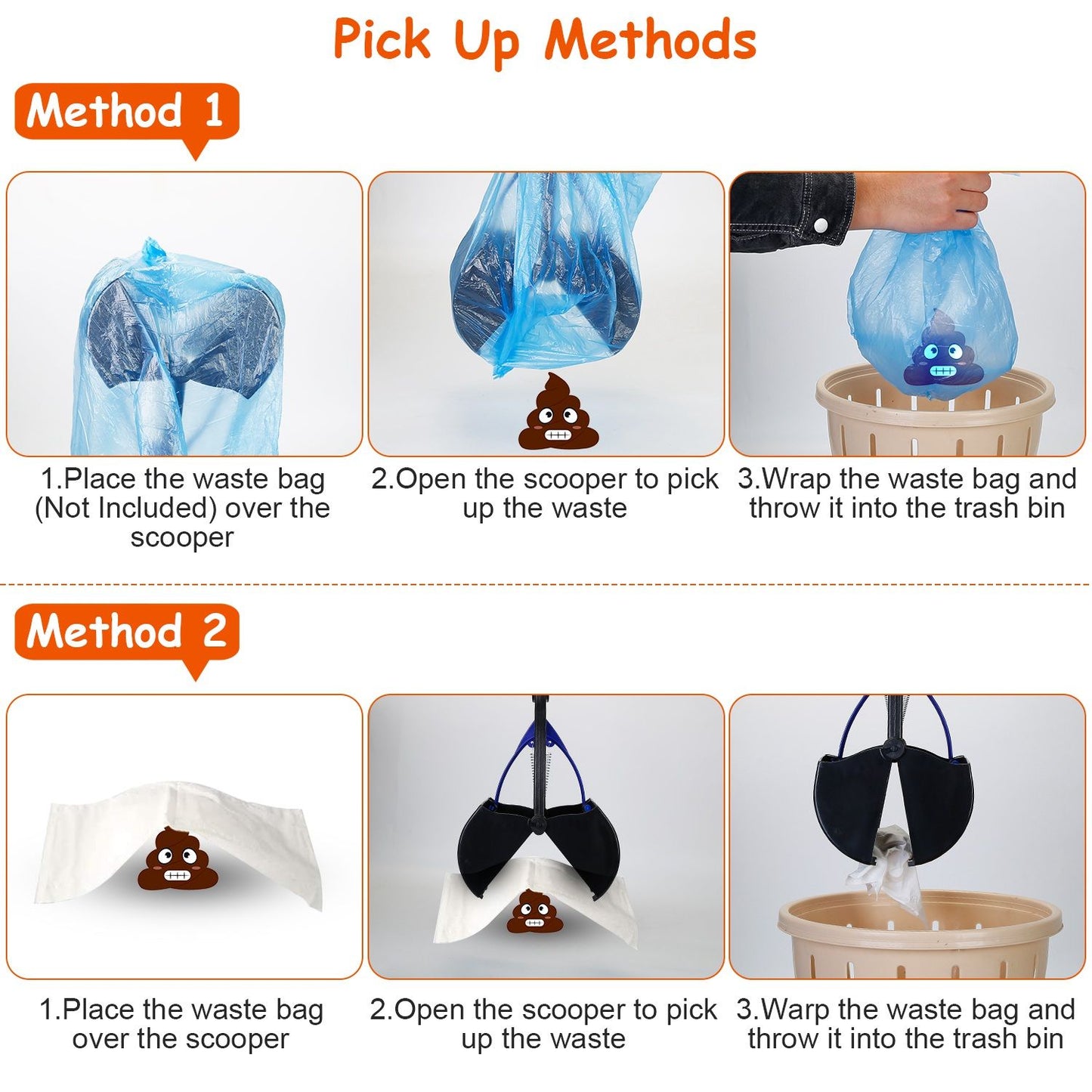 Step-by-step pick up methods showing bag or liner placed over scooper, open to pick up waste, then wrap and dispose