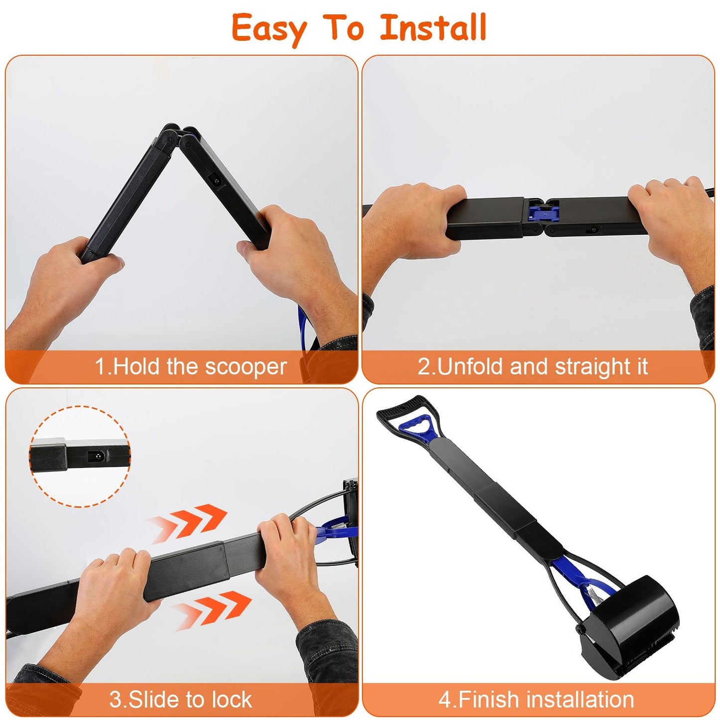 Four-step installation guide showing unfold, straighten, slide to lock, and finish setup of the scooper