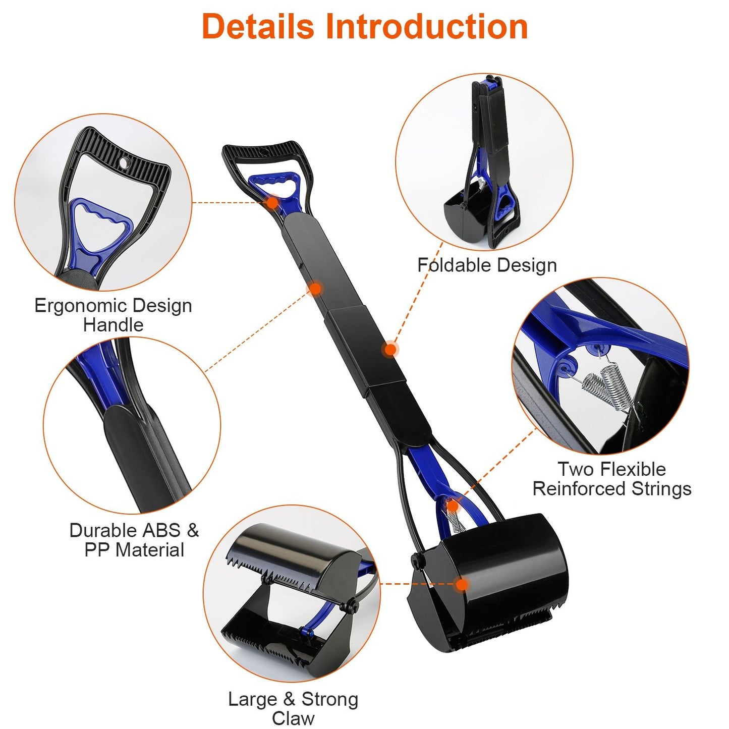 Annotated product diagram showing ergonomic handle, foldable design, springs, materials, and serrated claw