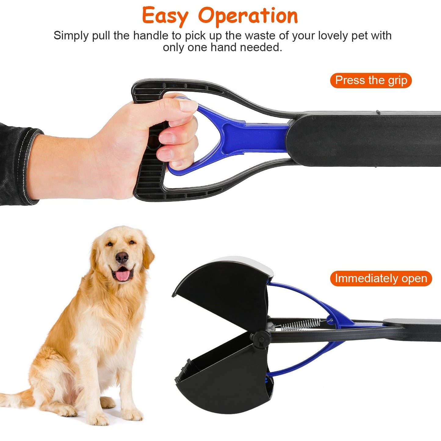 Hand gripping and pressing inner lever to open the pooper scooper jaws for one-handed operation