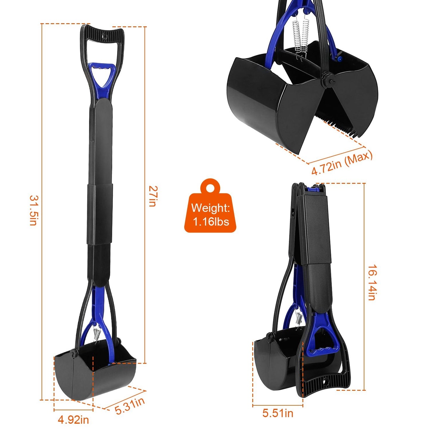 Dimension diagram showing full length, folded size, mouth opening width and 1.16 lb weight