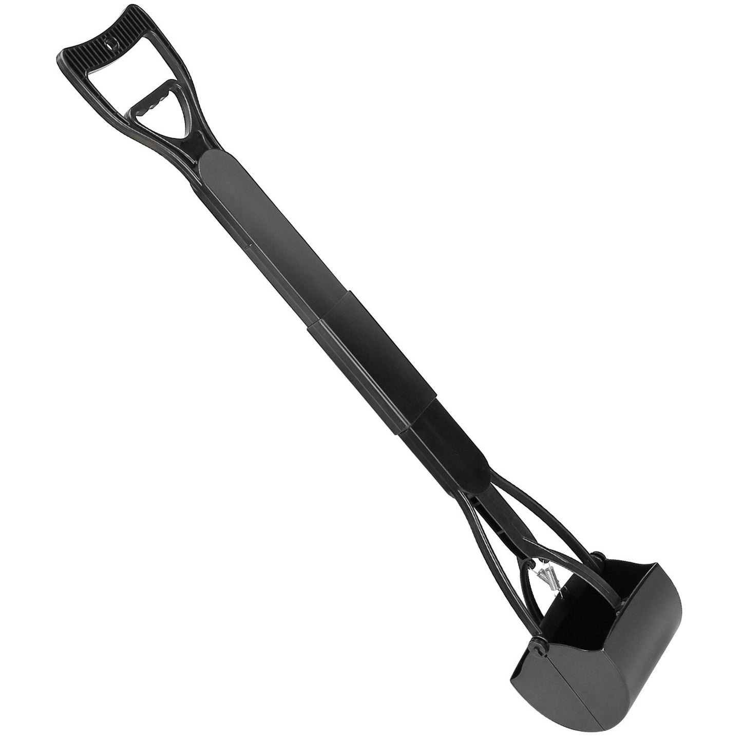 Diagonal studio view of extended pooper scooper showing ergonomic D-handle and scooping head