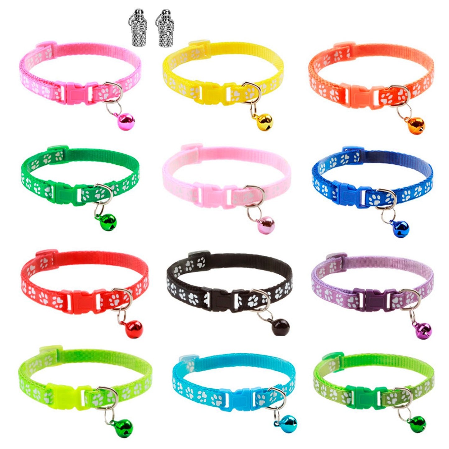 Grid display of twelve paw-print collars in assorted colors each with a bell