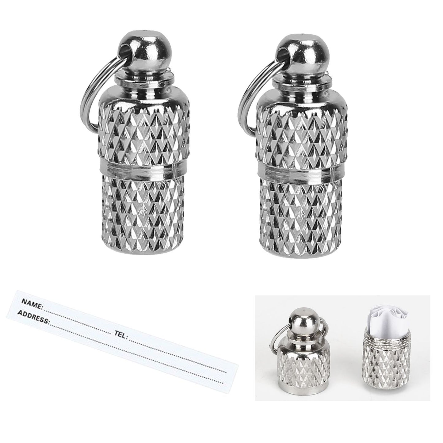 Two silver anti-lost name-tag capsules with a paper address insert and one open capsule view