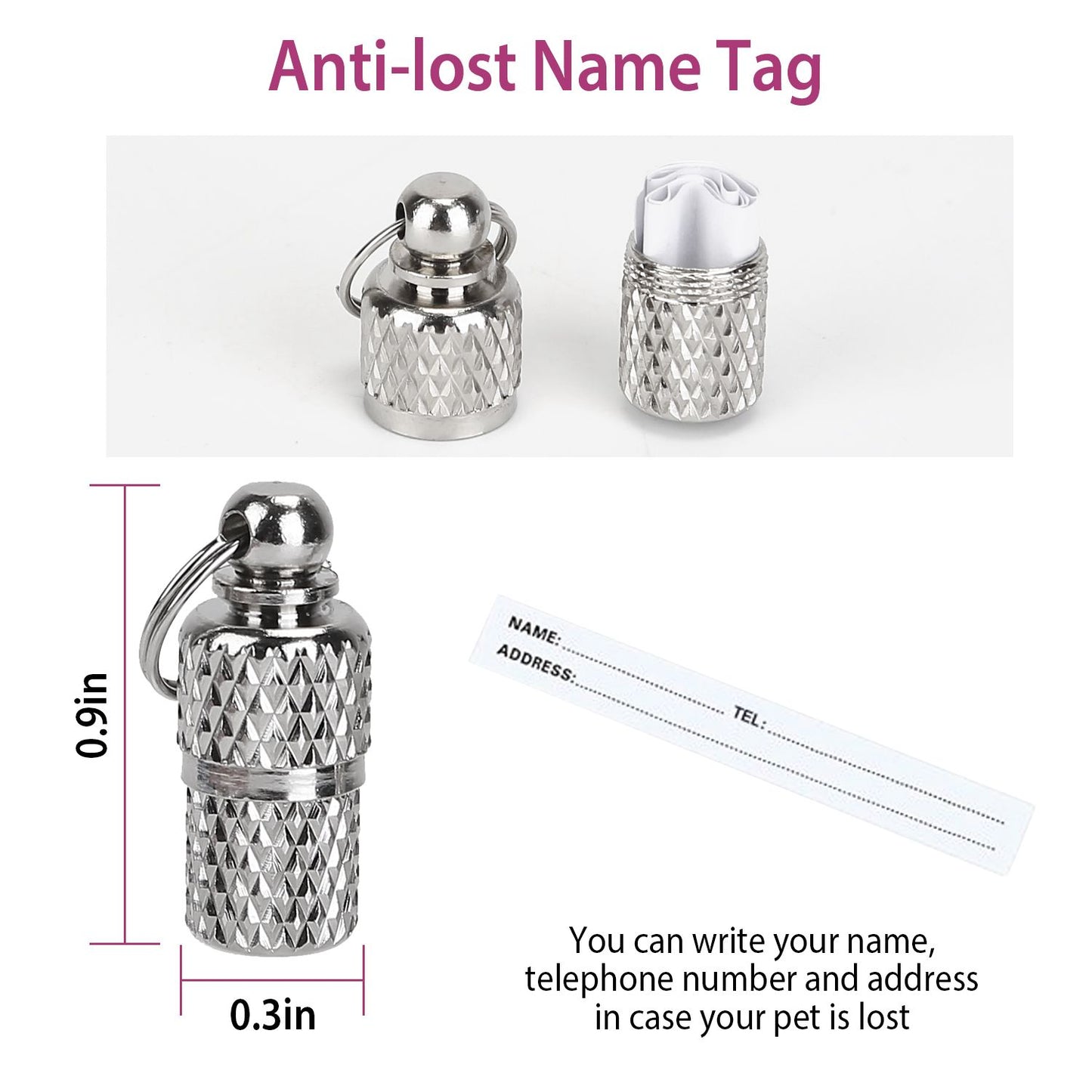 Metal anti-lost name-tag capsule with removable paper insert and dimensions