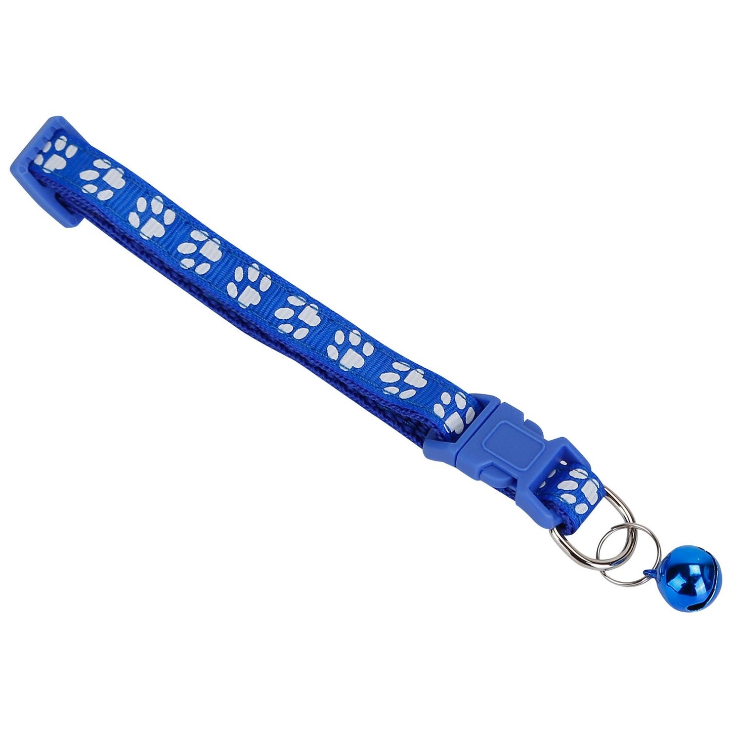 Close-up of blue paw-print collar showing buckle, D-ring, bell, and adjustable strap
