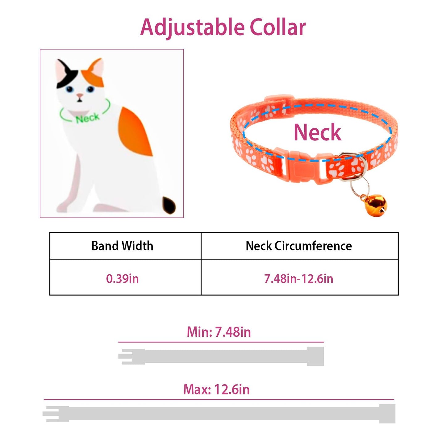 Sizing diagram for adjustable collar 0.39 in band width and 7.48–12.6 in neck circumference
