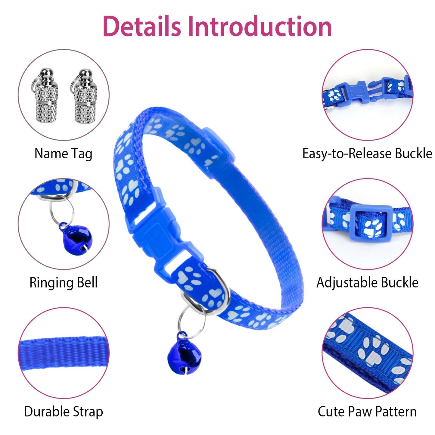 Blue paw-print collar with callouts for bell, name tag, buckle, adjustable slider, and strap