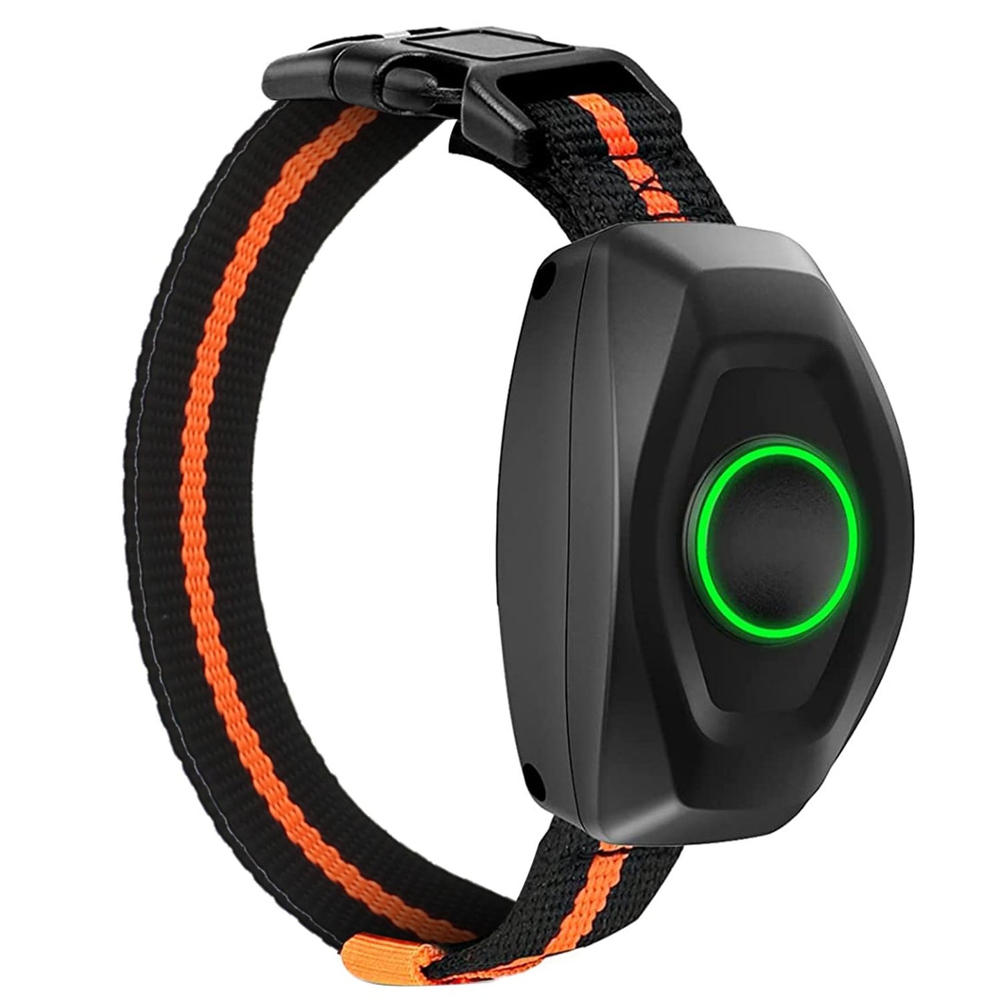 black receiver with green LED ring mounted on adjustable orange-striped nylon collar