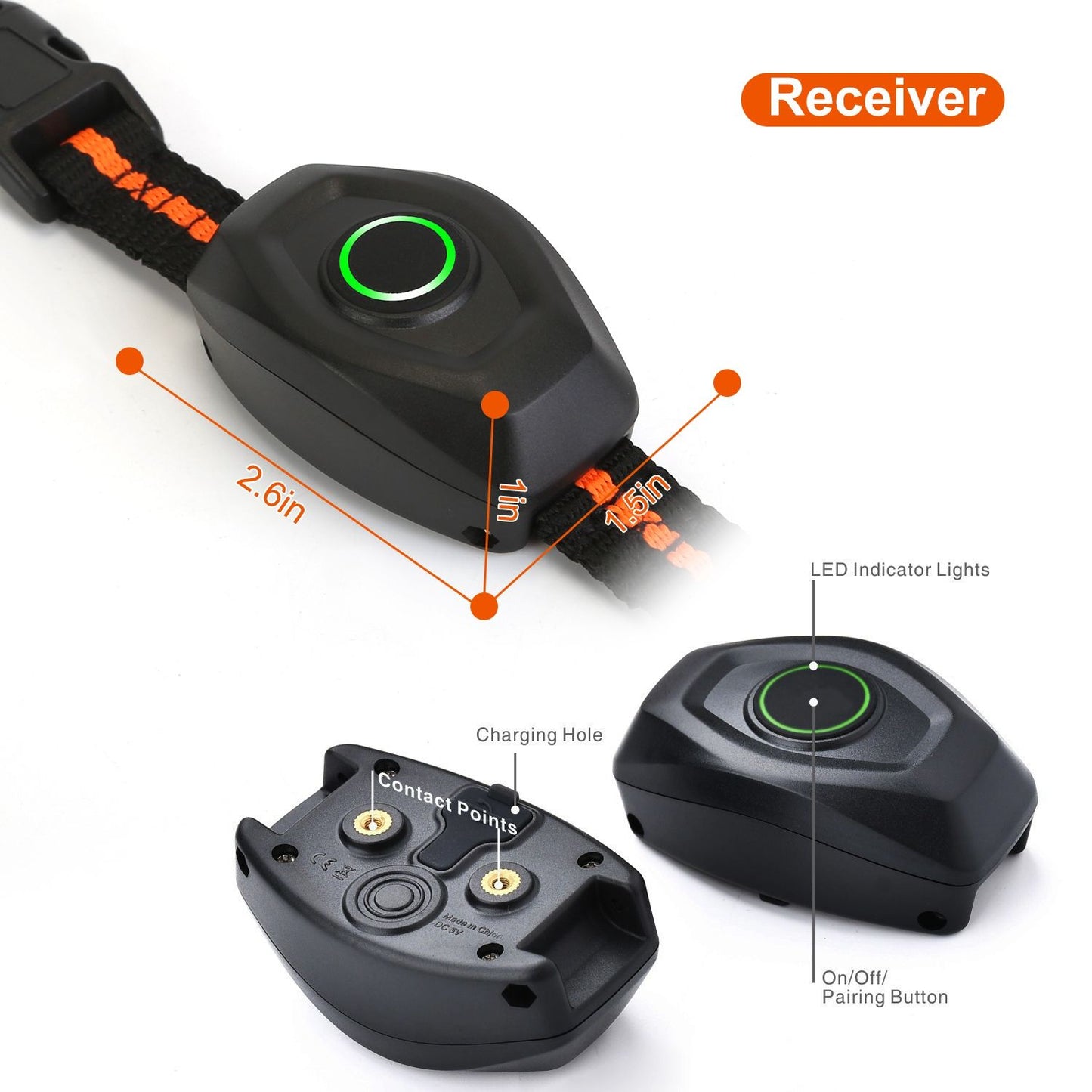 compact collar receiver 2.6x1.5x1in showing contact points, charging hole and LED pairing button