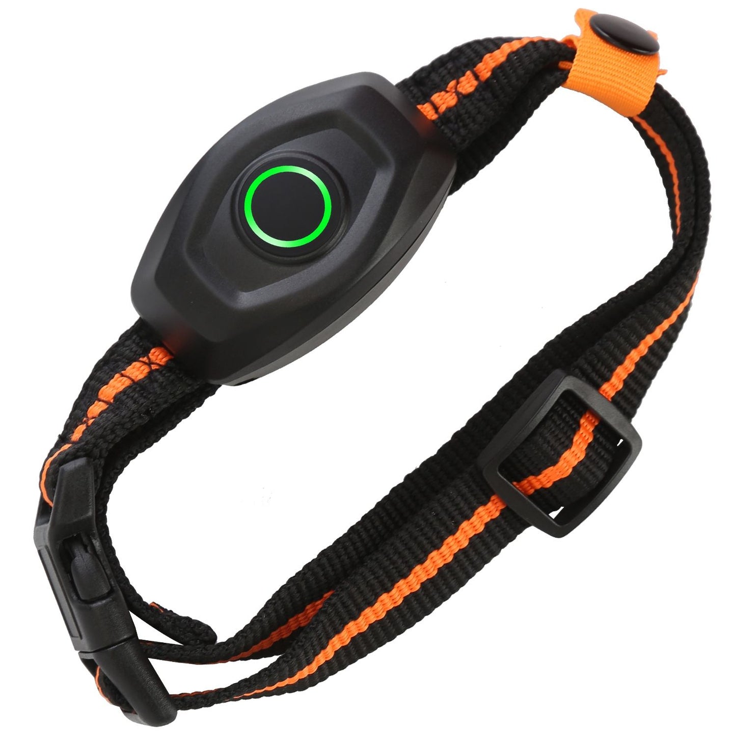 angled close-up of receiver on orange-accented nylon strap showing snap tab and adjustment slider