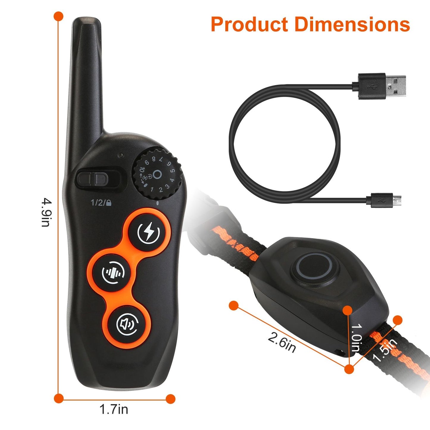 Dimensions diagram showing transmitter 4.9 in tall and receiver 2.6 x 1.5 x 1 in with USB cable