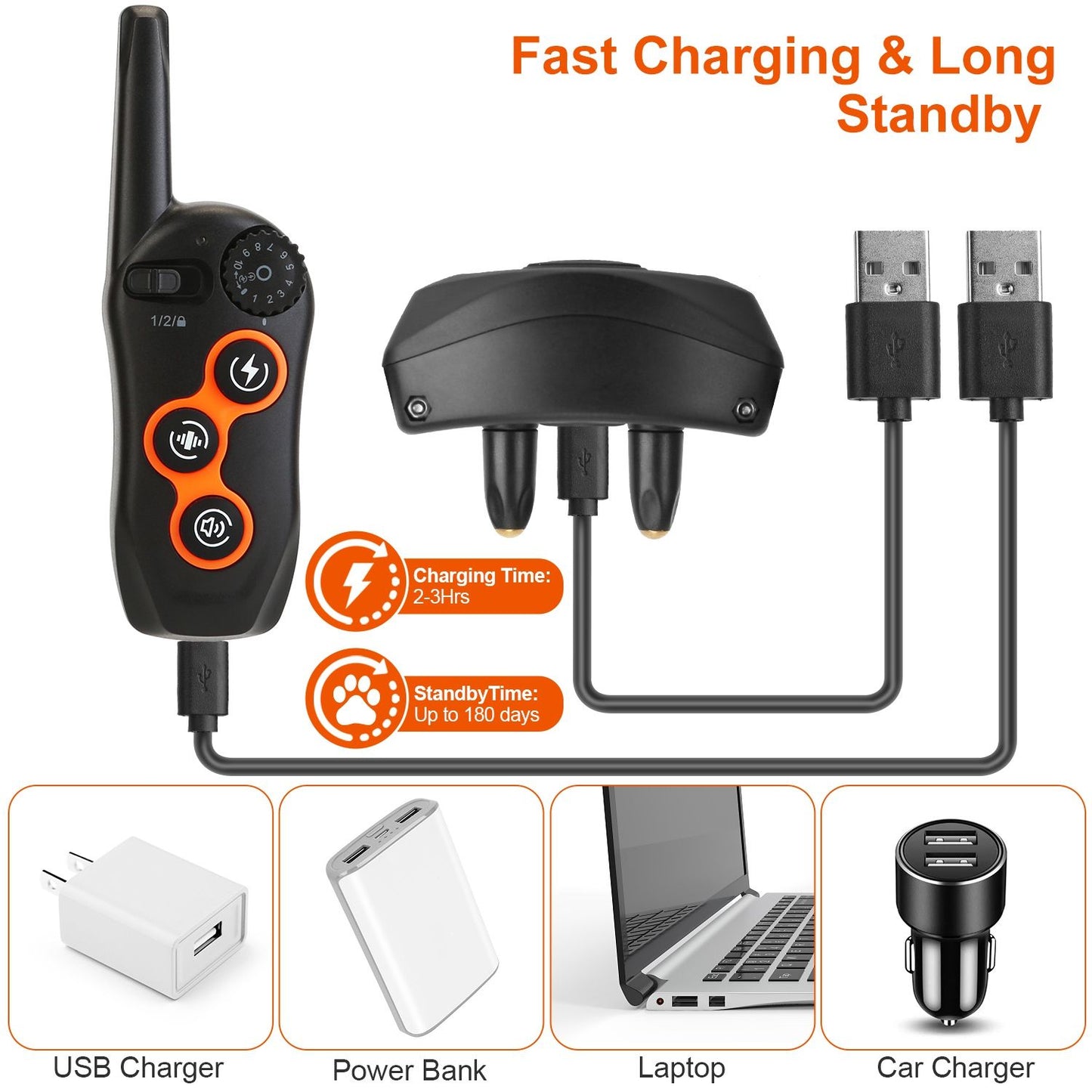 Dual-receiver USB charging cable and transmitter with icons for 2–3 hour charge and long standby