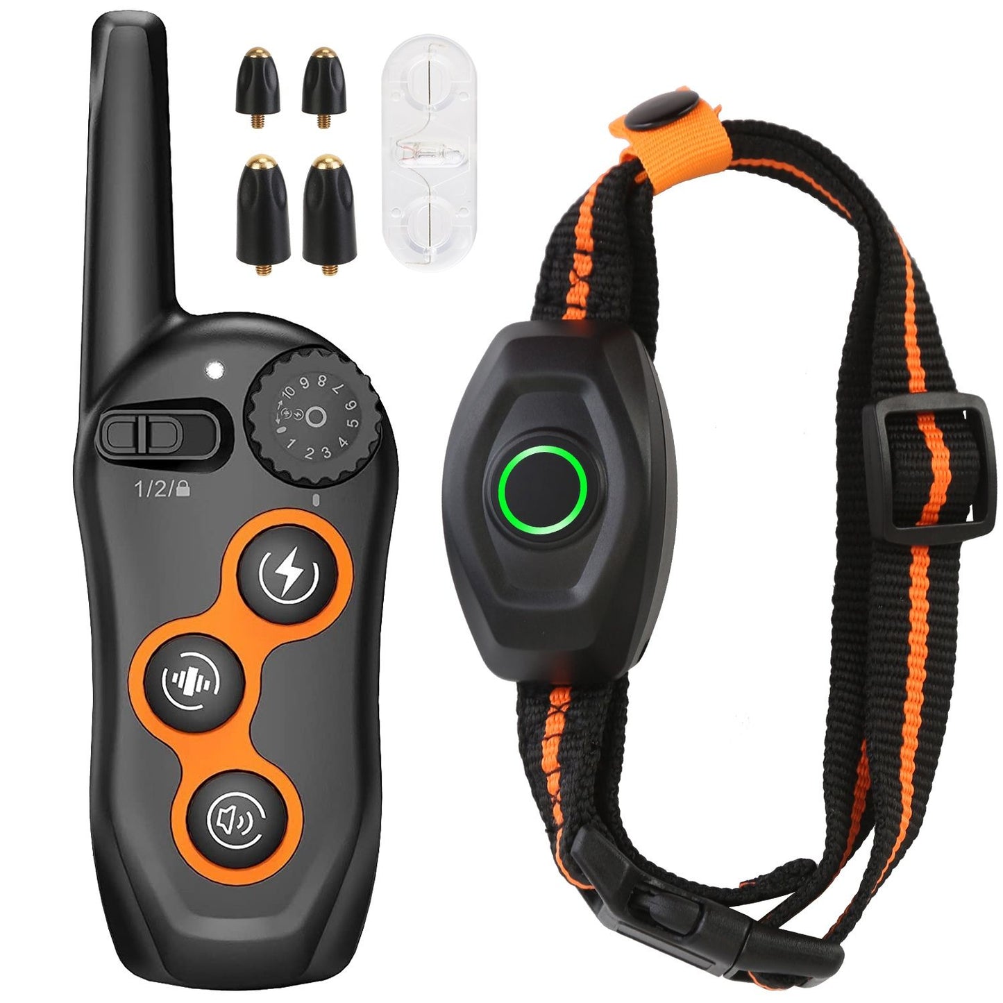 Complete set with transmitter, receiver, four screw-on probes and test-light bulb holder on white background