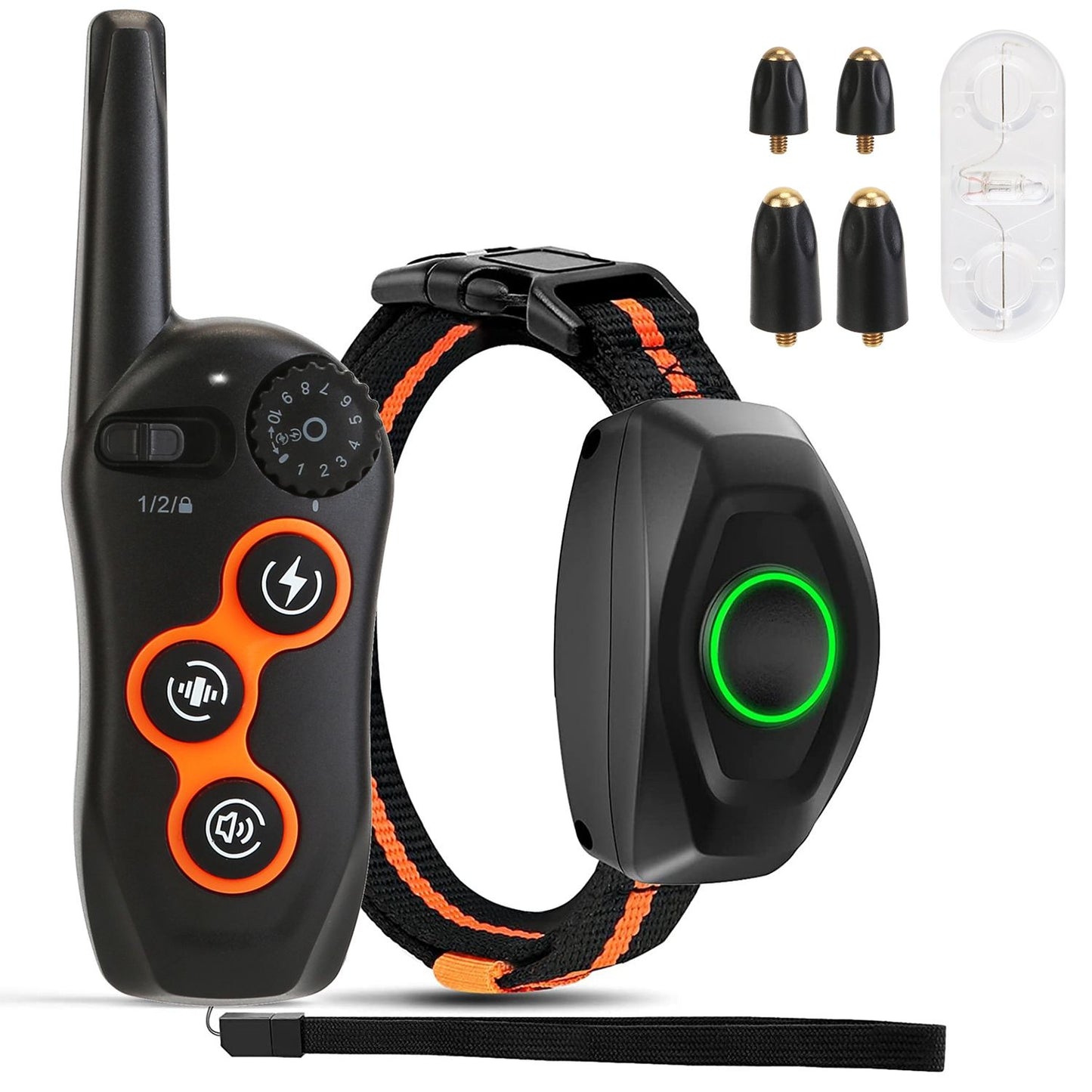 Transmitter, receiver collar with orange-black strap and four metal probes displayed on white background