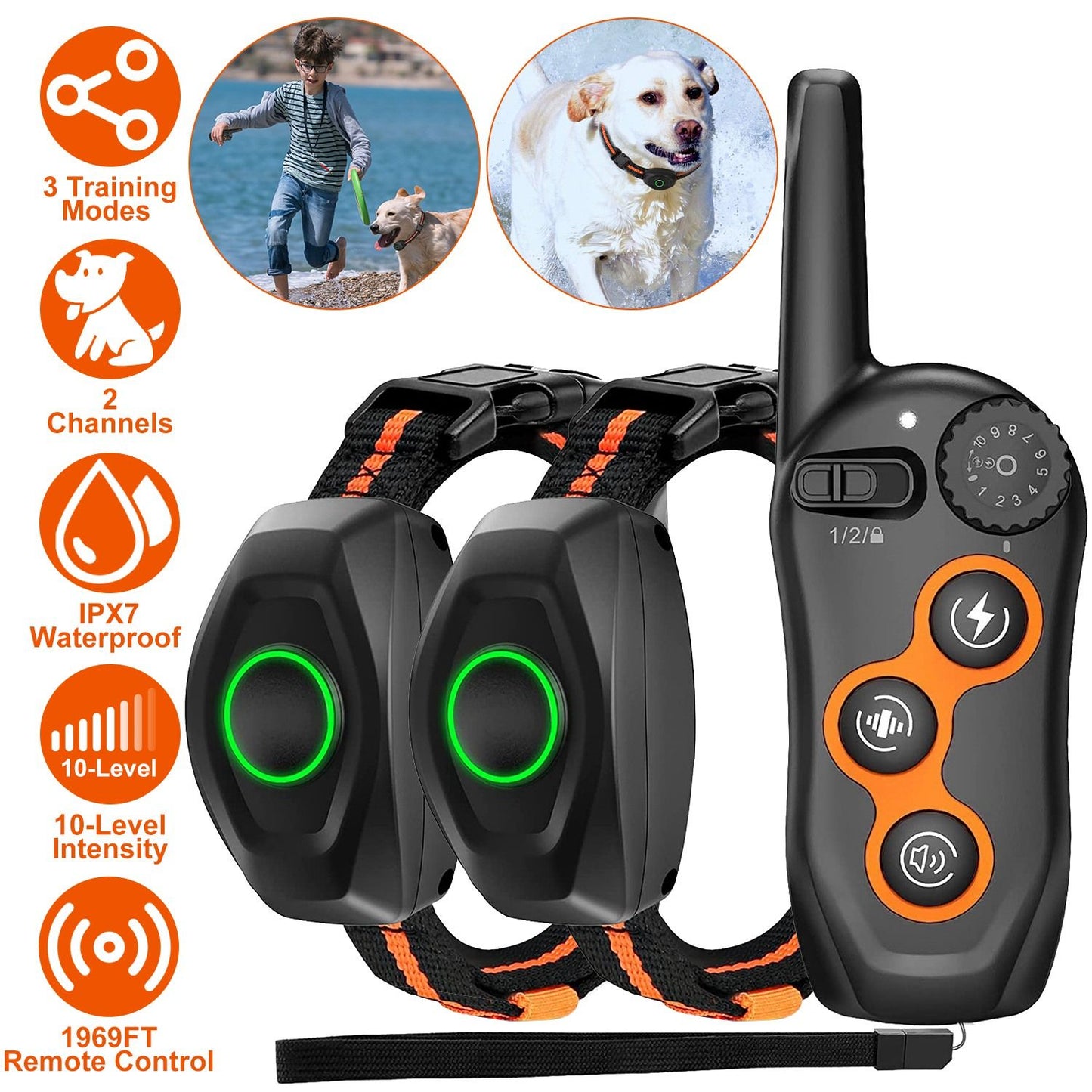 Remote transmitter with two black receiver collars featuring green LED rings and orange-accent straps