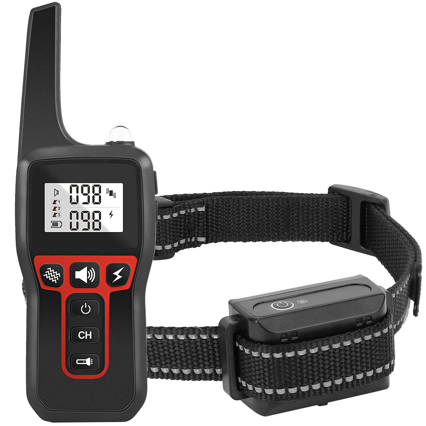 Close-up of transmitter with antenna beside collar and receiver showing power button, buckle and adjustment slider