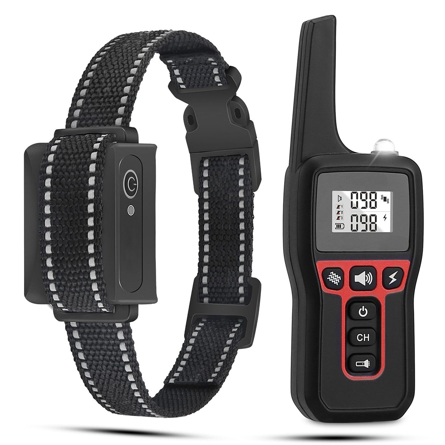 Studio image of remote transmitter and adjustable nylon collar showing LCD, buttons and reflective strap details