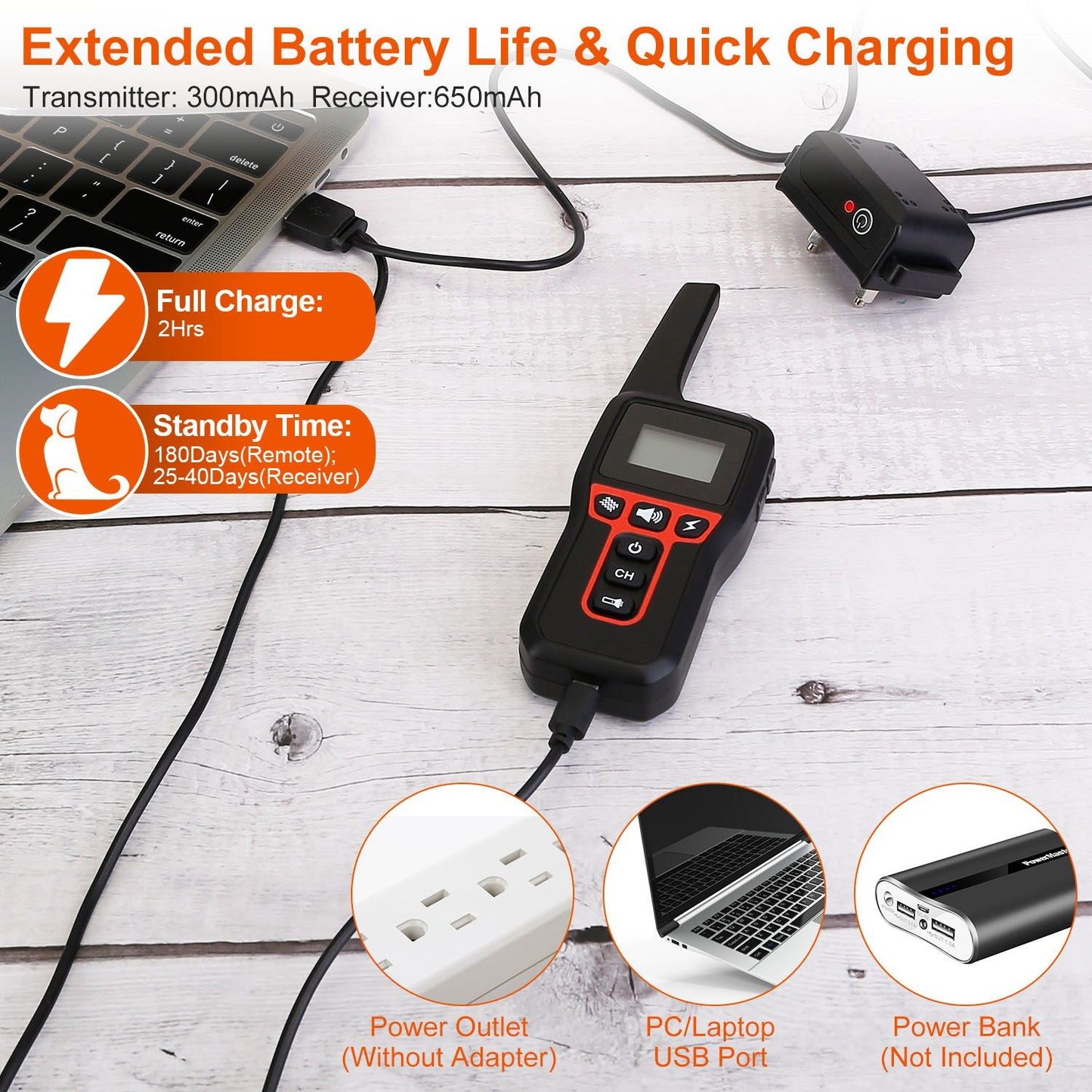 Remote transmitter and collar receiver being charged via USB with battery life and two-hour full charge info