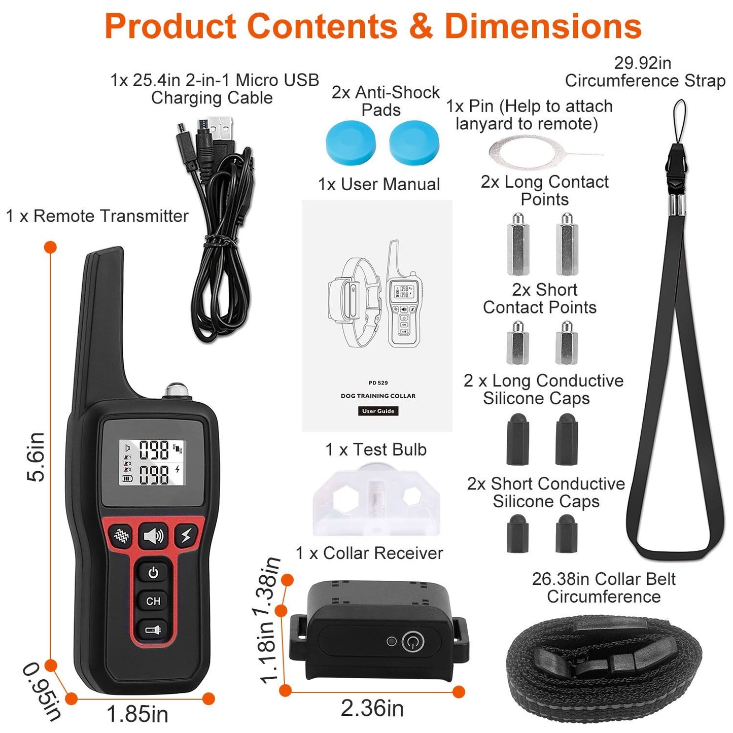 Flat-lay of package contents including remote, receiver, strap, charging cable, test bulb and contact accessories with dimens