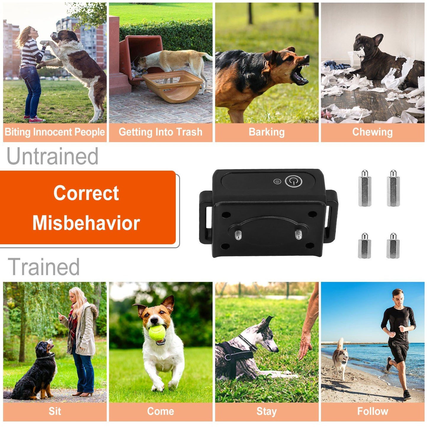 Collage showing misbehavior and corrected dog commands with close-up of receiver and contact parts