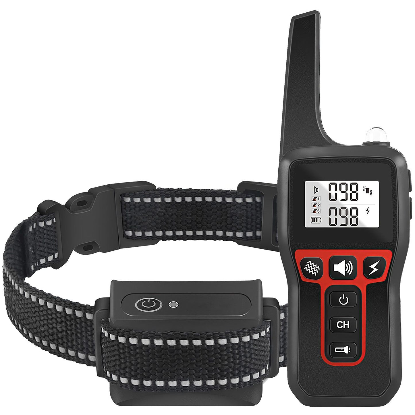 Angled view of remote with numeric LCD, buttons and LED flashlight alongside adjustable collar with attached receiver