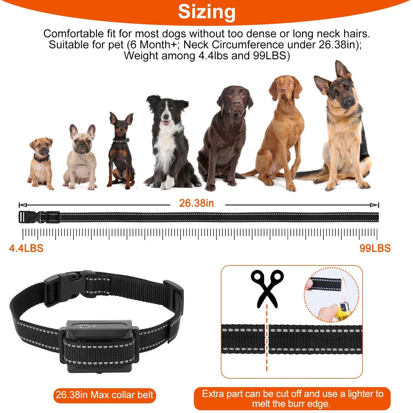 Adjustable collar belt laid out with 26.38 inch max length and pet size guide showing trim instructions
