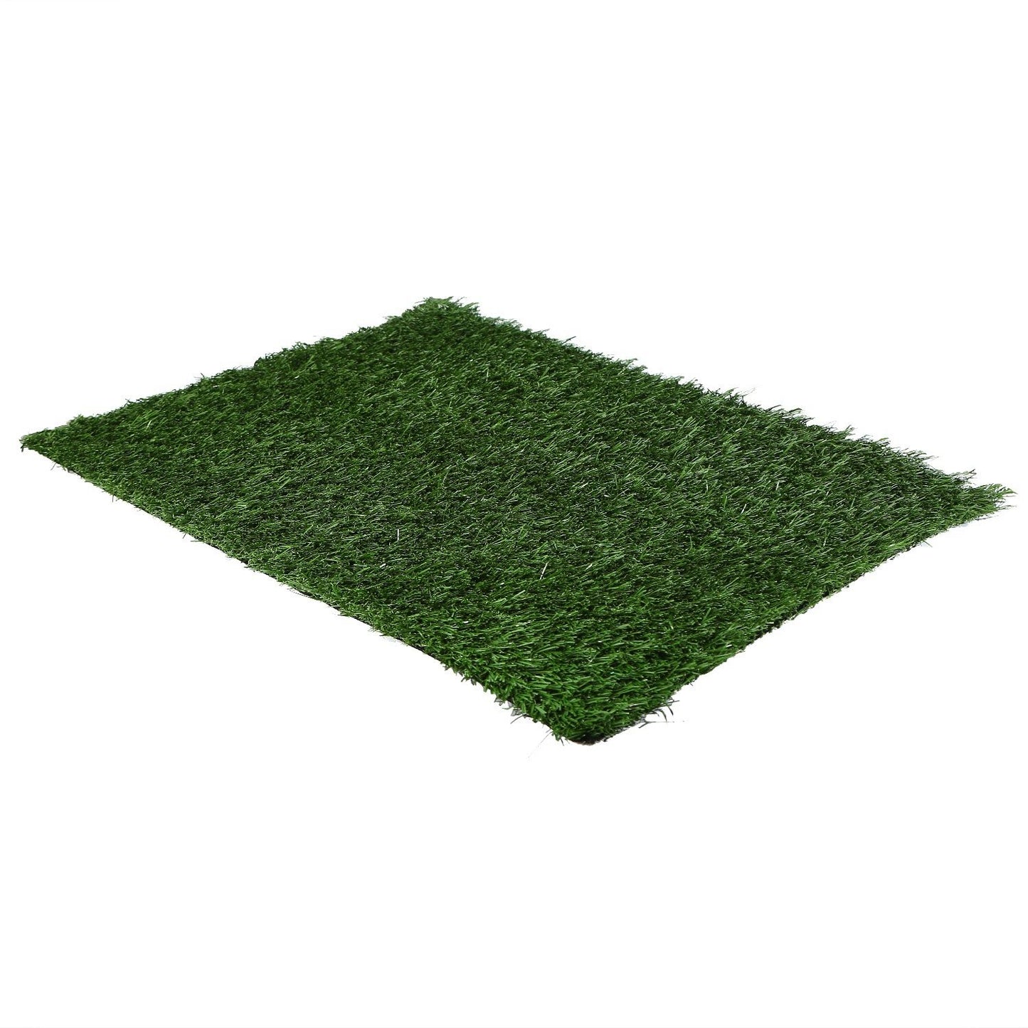 Angled view of standalone rectangular artificial grass mat showing dense green blades and trimmed edges
