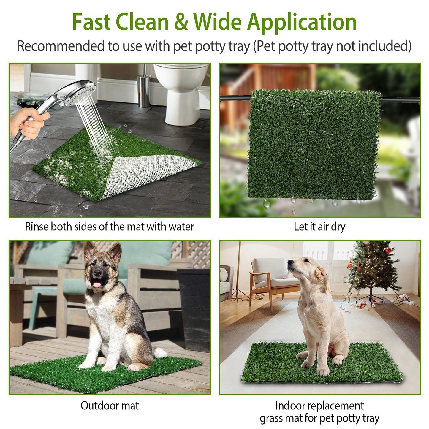 Collage showing rinsing, air drying, and indoor and outdoor uses of the turf mat